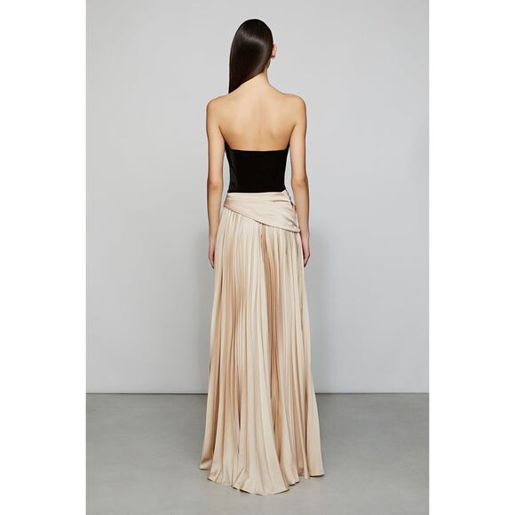 ET OCHS Black Half n Half Velvet Deep V-Neck Charmeuse Pleated Skirt Gown - Picture 15 of 16